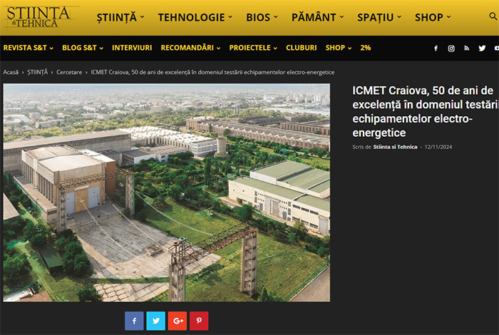 Stiinta si Tehnica - ICMET Craiova, 50 de ani de excelență în domeniul testării echipamentelor electro-energetice